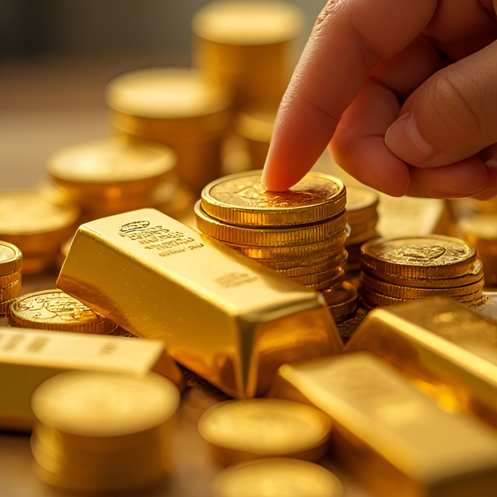 A close-up shot of various sizes of gold bars and coins stacked neatly, with a hand pointing towards them, representing investment in gold.