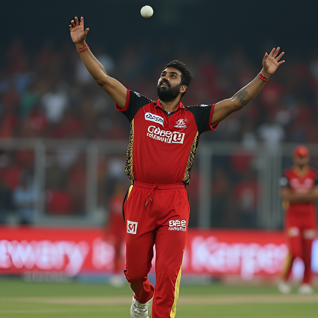 A powerful image of Yash Dayal celebrating a wicket for Royal Challengers Bengaluru in a packed IPL stadium, showing the intensity and emotion of his redemption arc.