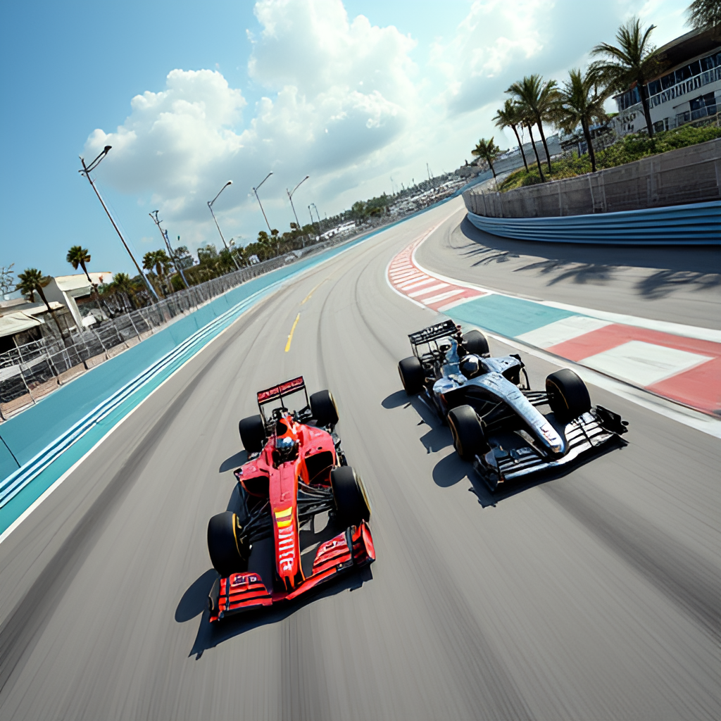 A dynamic, high-angle photograph capturing Formula 1 cars racing side-by-side on a straight section of the Miami International Autodrome, with the faux marina and palm trees visible in the background, conveying speed and the unique setting.