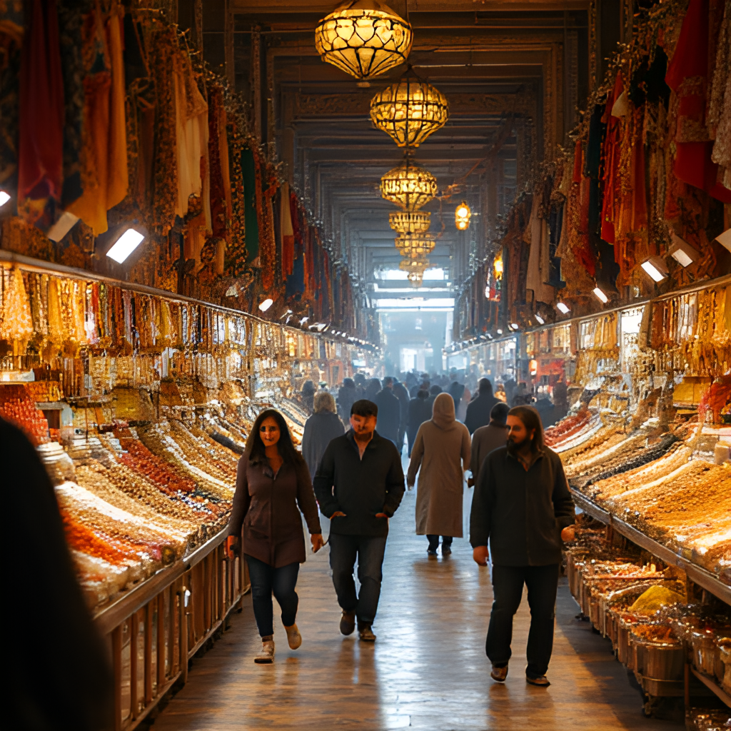 A bustling traditional souk in Dubai, showing stalls filled with colorful spices, textiles, and gold jewelry, with people walking and interacting in the foreground. Style: Authentic, lively photo.