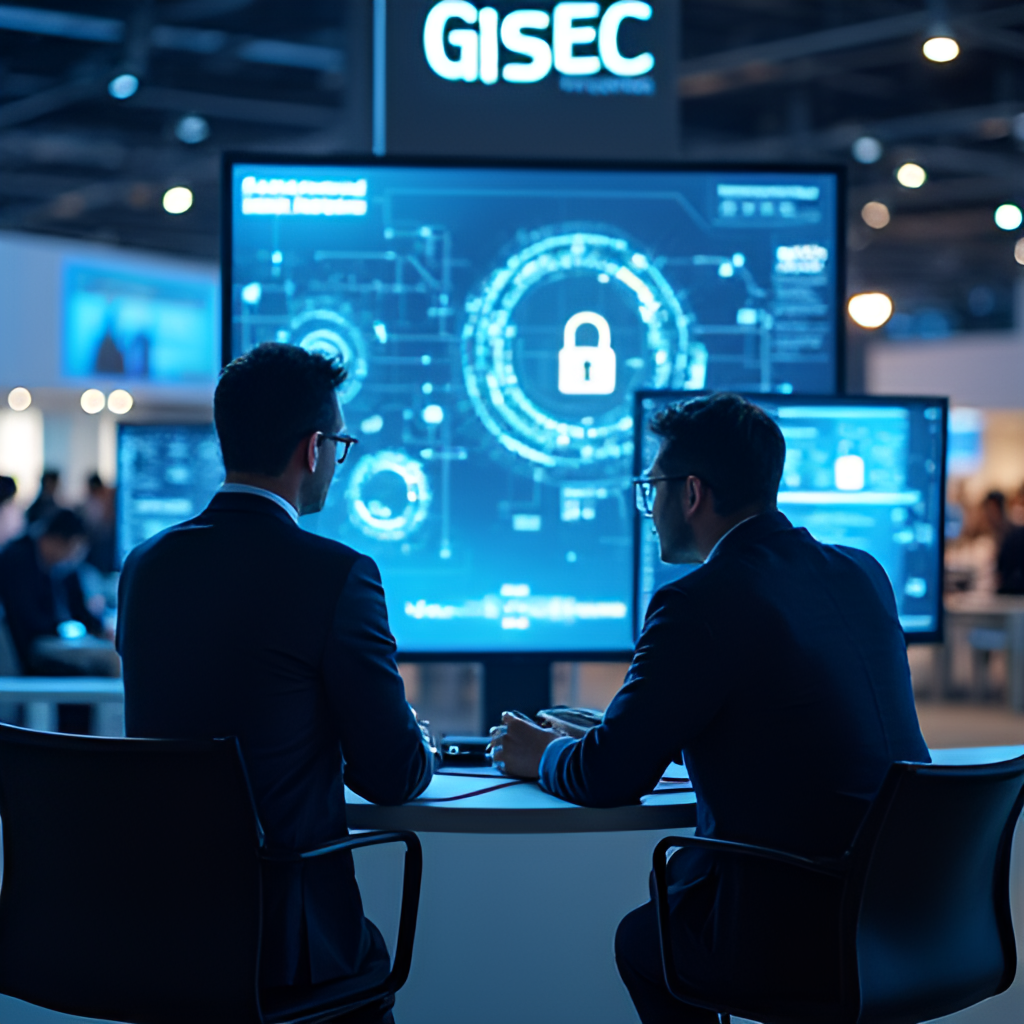 A close-up shot of two cybersecurity professionals having a detailed discussion at a booth during GISEC Global, with advanced security solutions displayed on screens in the background, symbolizing collaboration and technological exchange.