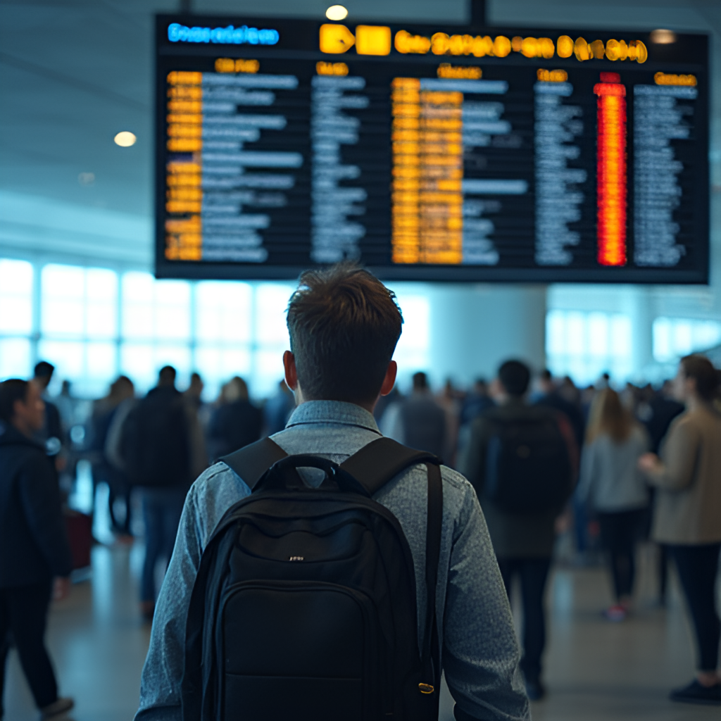 A close-up shot of a frustrated traveler looking at a departure board showing multiple delayed or cancelled flights at a busy airport terminal. The image should capture the human impact of airport disruptions, perhaps showing crowded waiting areas in the background.