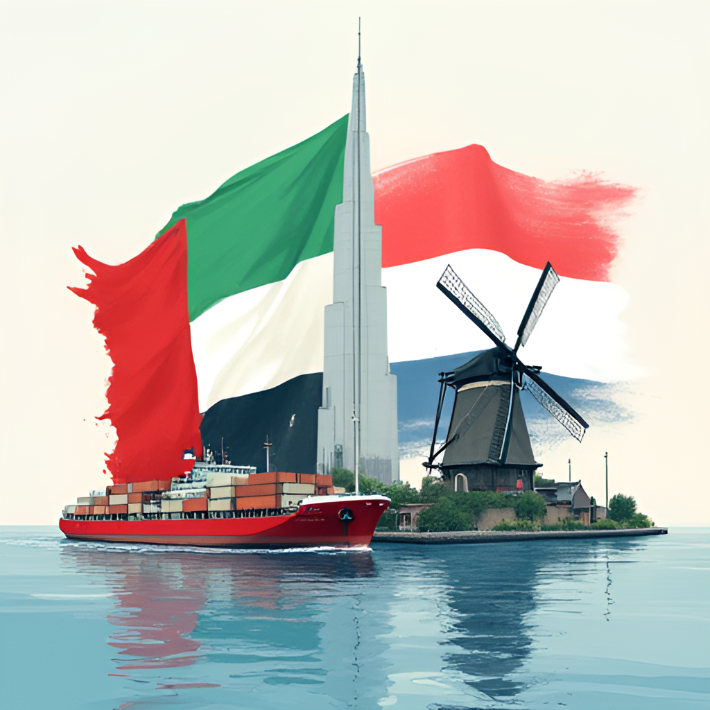 A composite image or illustration showing symbols representing both the UAE and the Netherlands. This could include the UAE flag alongside the Dutch flag, traditional dhows and modern cargo ships representing trade, or iconic landmarks from both countries like the Burj Khalifa and Dutch canals/windmills. The image should convey partnership and cultural exchange.
