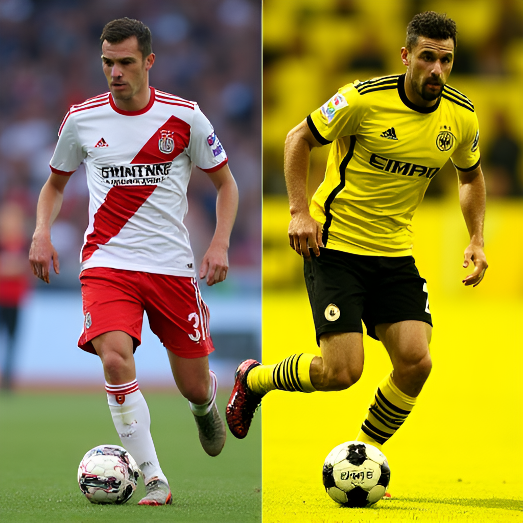 A photo collage featuring key players from both Bayer Leverkusen and Borussia Dortmund, showcasing their skills and importance to their respective teams