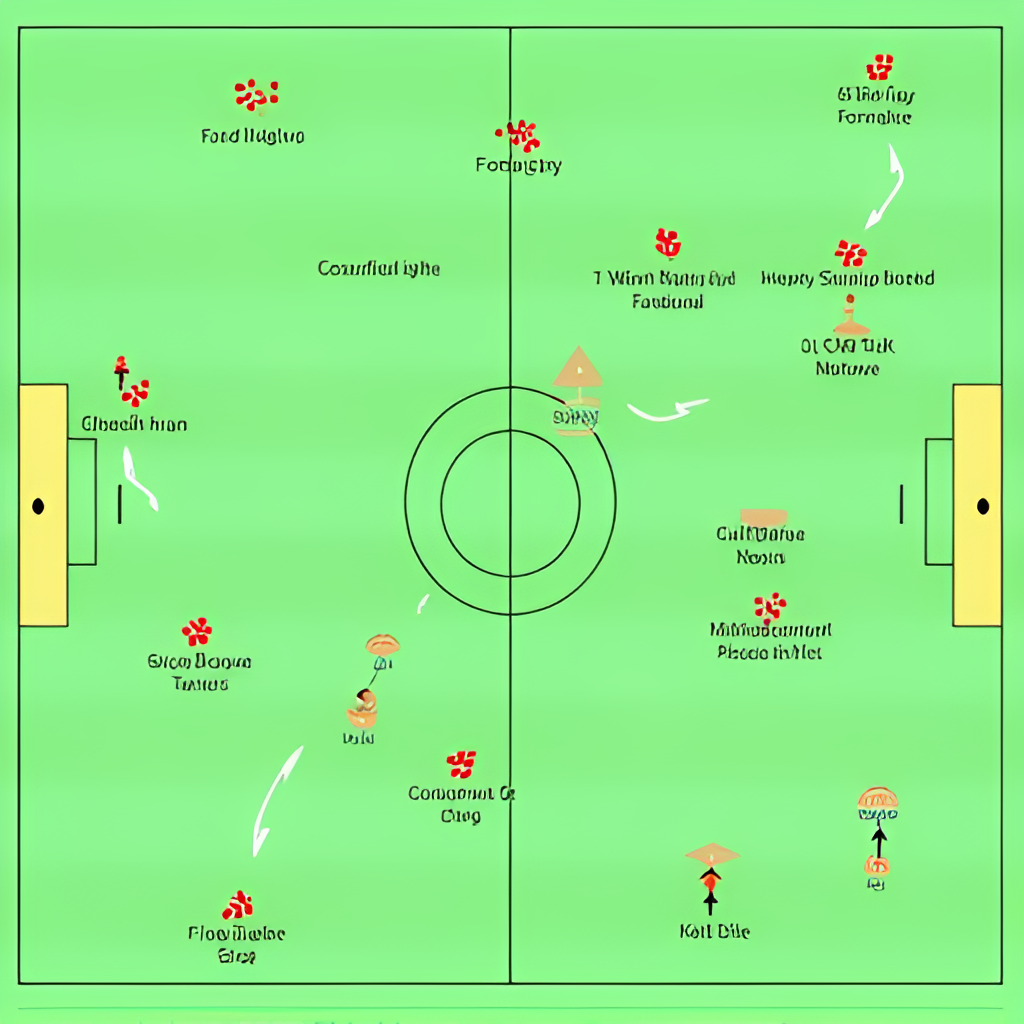 A tactical board showing football formations and player movements, illustrating the strategic analysis of a match, perhaps highlighting key areas of the pitch for attack or defense.