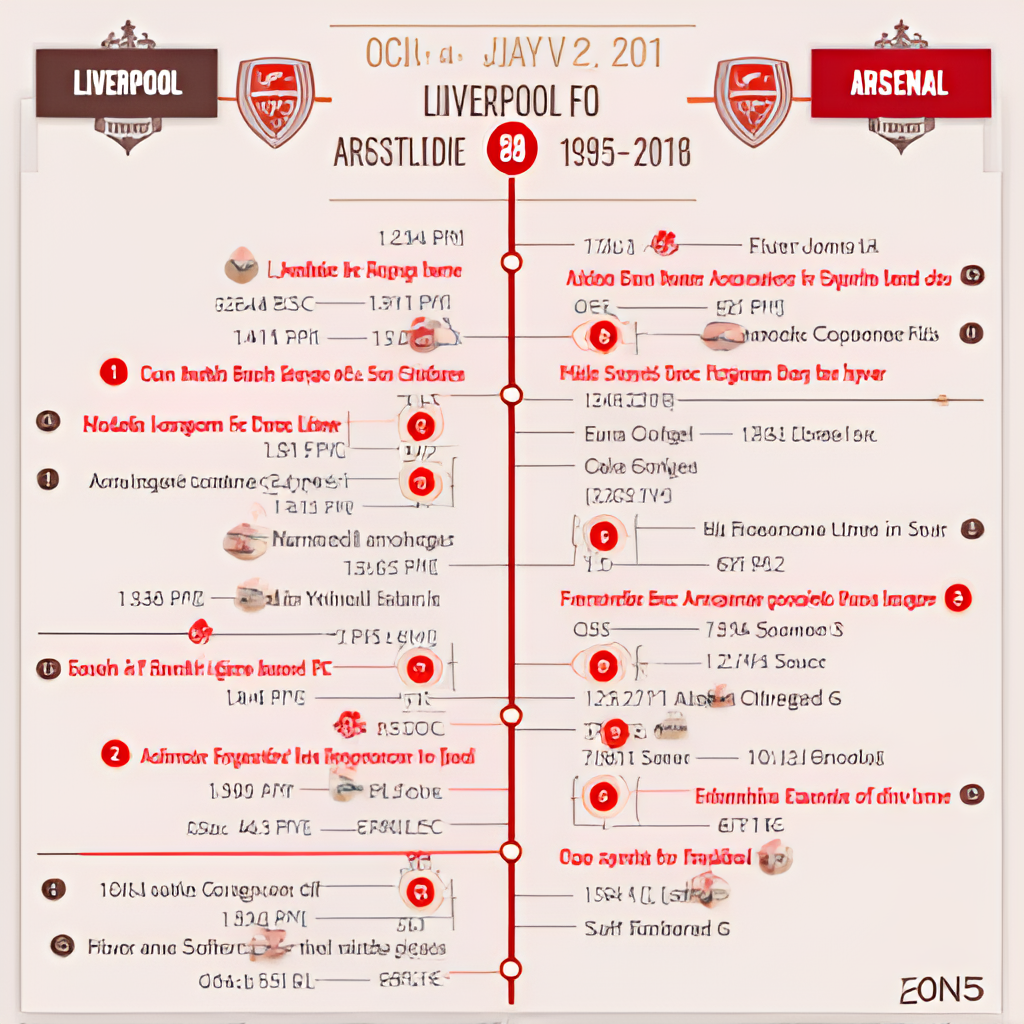 A graphic timeline illustration depicting key dates and results of significant matches between Liverpool FC and Arsenal FC, with club crests and scorelines highlighted
