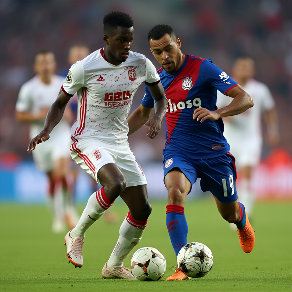 A close-up action shot of Al Nassr player Sadio Mané with the ball, dribbling past an Al Akhdoud defender, showing determination on his face and the stadium atmosphere in the background.