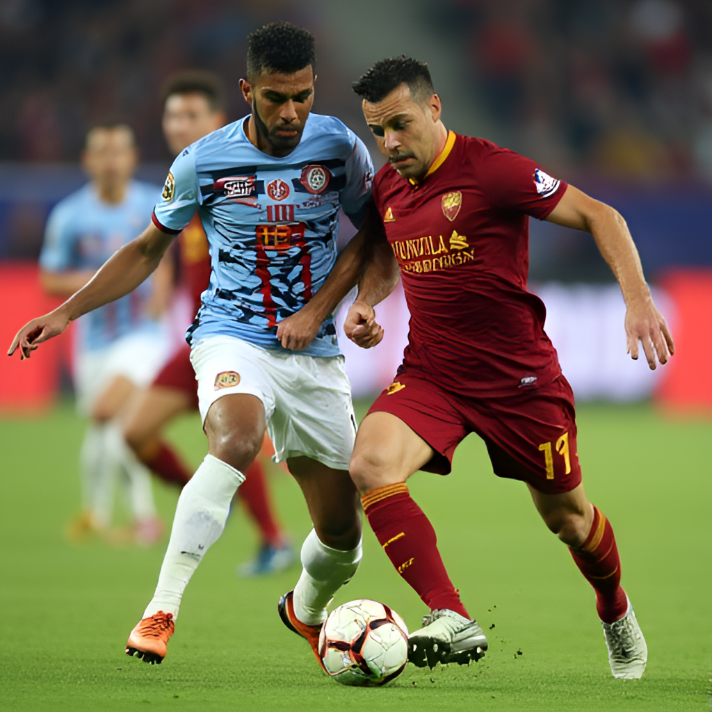 A dynamic action shot of a player from Atalanta and a player from Roma challenging for the ball during a Serie A match, showing the intensity of the rivalry.