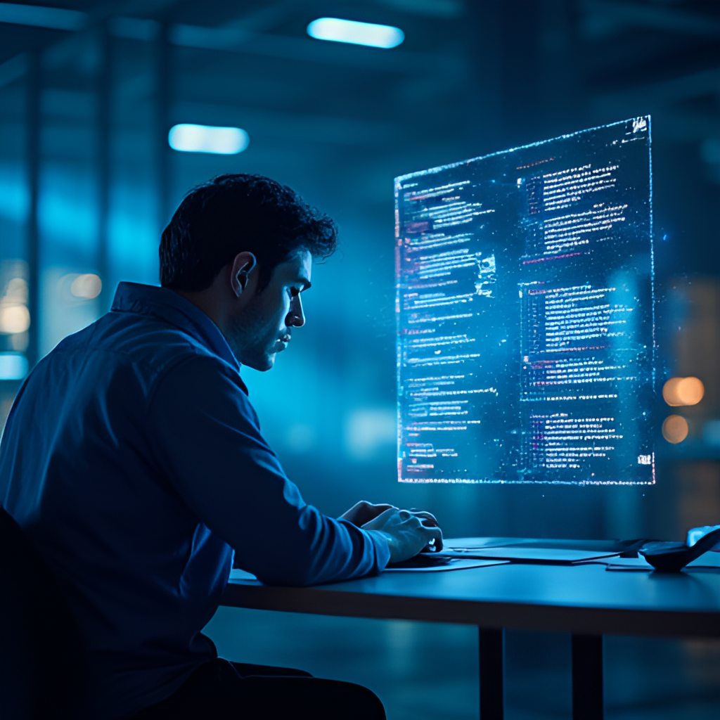 A futuristic image depicting a developer working alongside a holographic AI interface that is generating code snippets, symbolizing the collaborative future of human and AI programming.