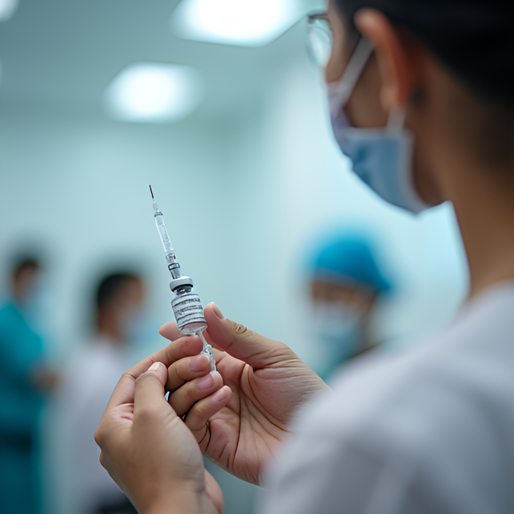 A photo depicting a healthcare worker administering a COVID-19 vaccine in Singapore, symbolizing the nation's successful vaccination campaign.