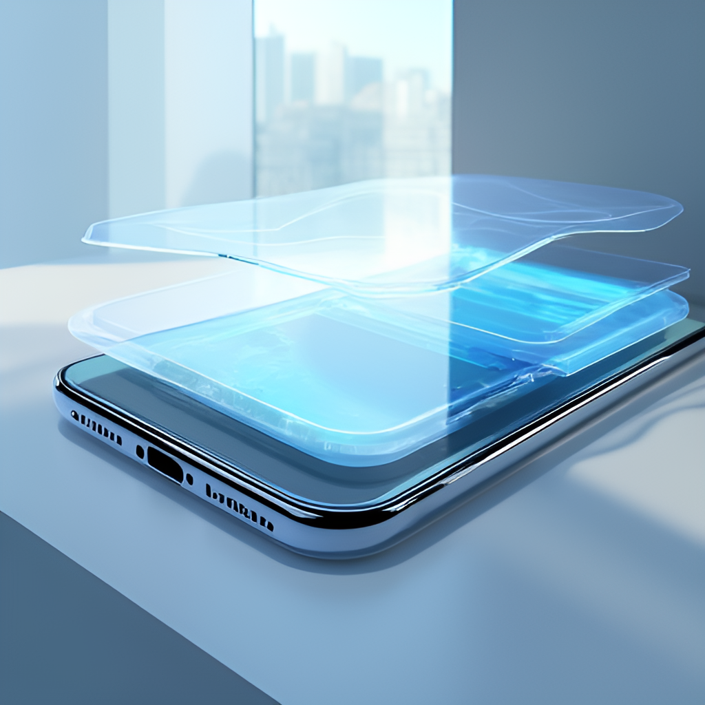 A close-up, detailed illustration showing the layers of a transparent phone screen, highlighting the transparent OLED technology and how it allows light to pass through while displaying information, with a blurred background showing the real world.