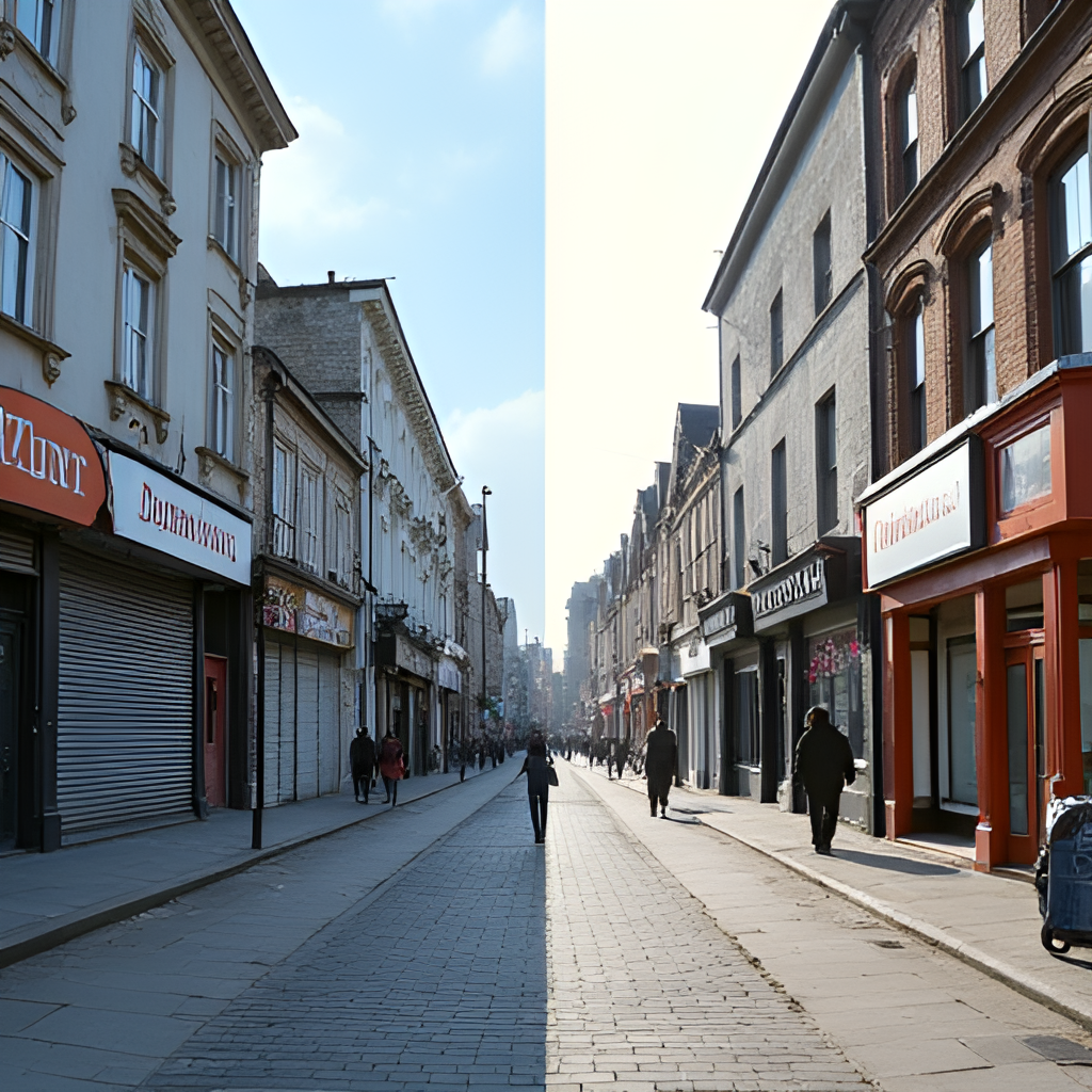 A split image showing contrasting scenes: one side illustrating the economic downturn with closed businesses and empty streets, and the other showing signs of recovery with reopened shops and people, representing the economic impact and recovery from the COVID-19 pandemic.