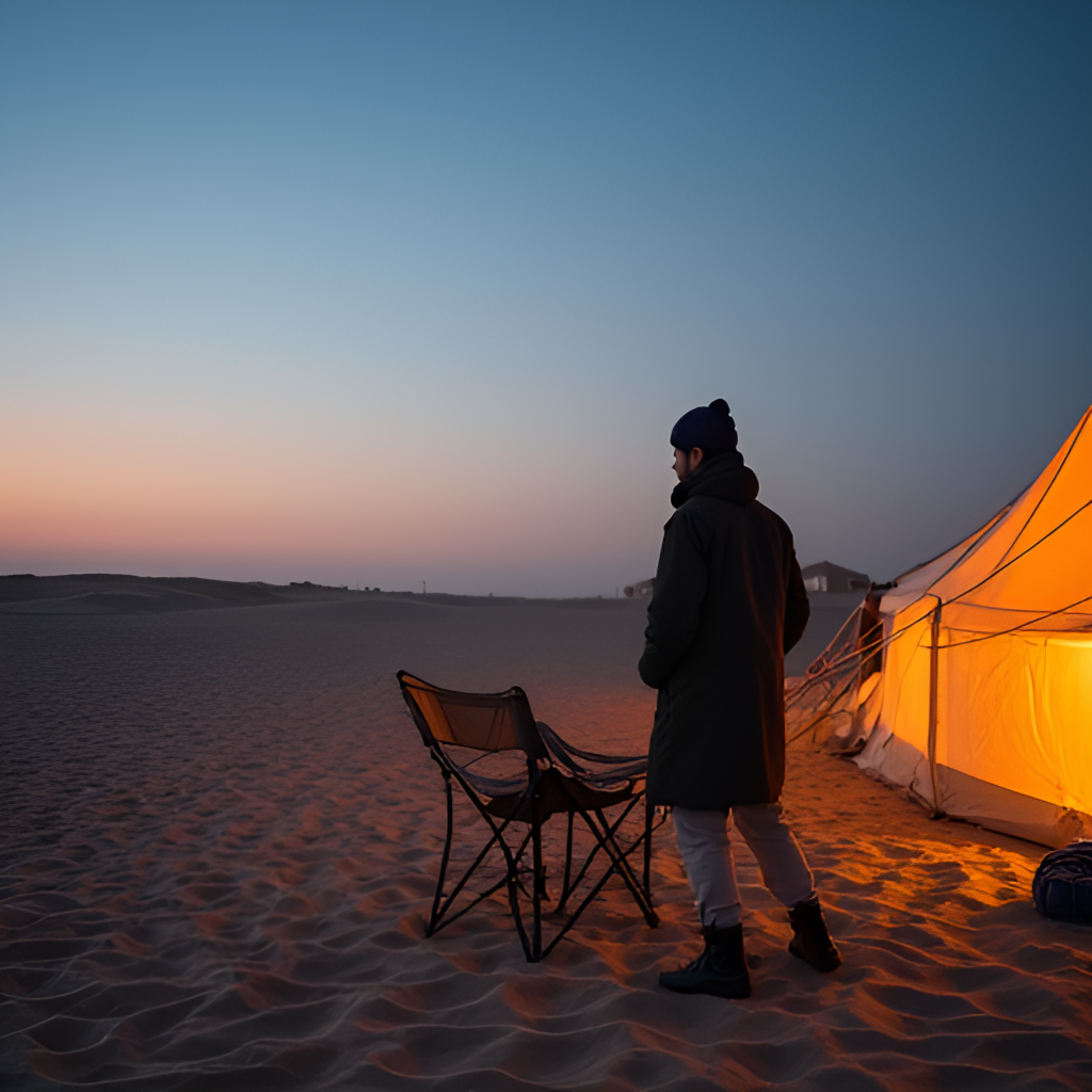A contrasting image showing a person enjoying a mild winter evening outdoors in the UAE, perhaps on a beach or in a desert camp, with comfortable temperatures and a clear sky.