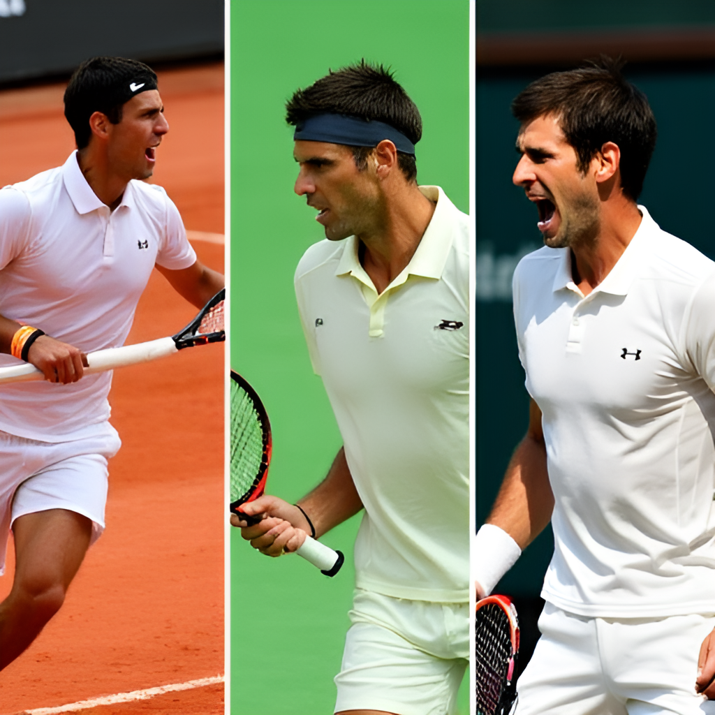 A split image or collage showing three iconic rivalries: Djokovic vs. Nadal on clay, Djokovic vs. Federer on grass, and Djokovic vs. Alcaraz on a hard court, capturing the intensity and different surfaces of these historic matchups.