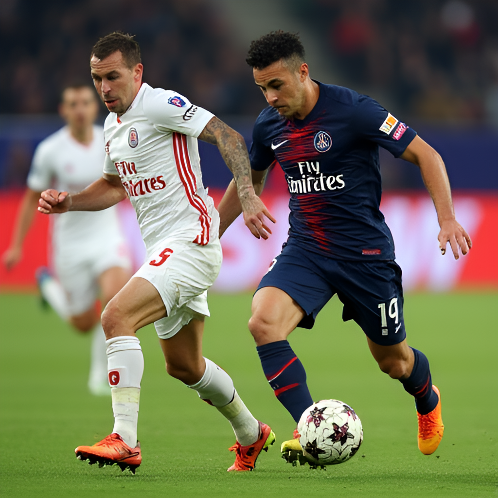 A close-up, action-oriented photo focusing on a key player from either PSG or Reims (e.g., a player dribbling, shooting, or making a tackle), conveying the skill and effort involved in the match.