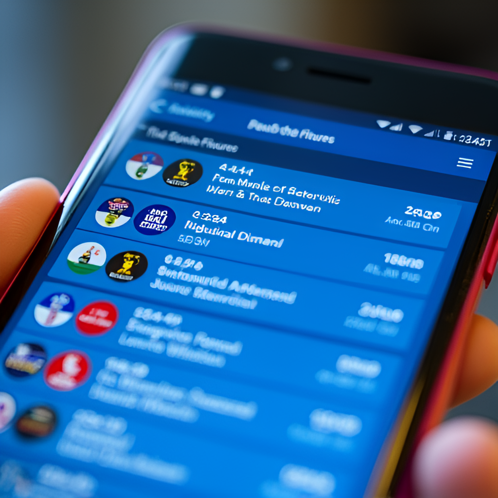 A close-up shot of a smartphone screen displaying a list of IPL match fixtures with dates, times, and team logos, illustrating how fans follow the schedule digitally.