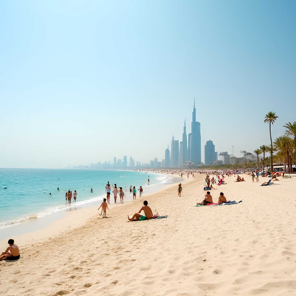 A vibrant scene of people enjoying outdoor activities on a beach or park in Dubai during the pleasant winter months