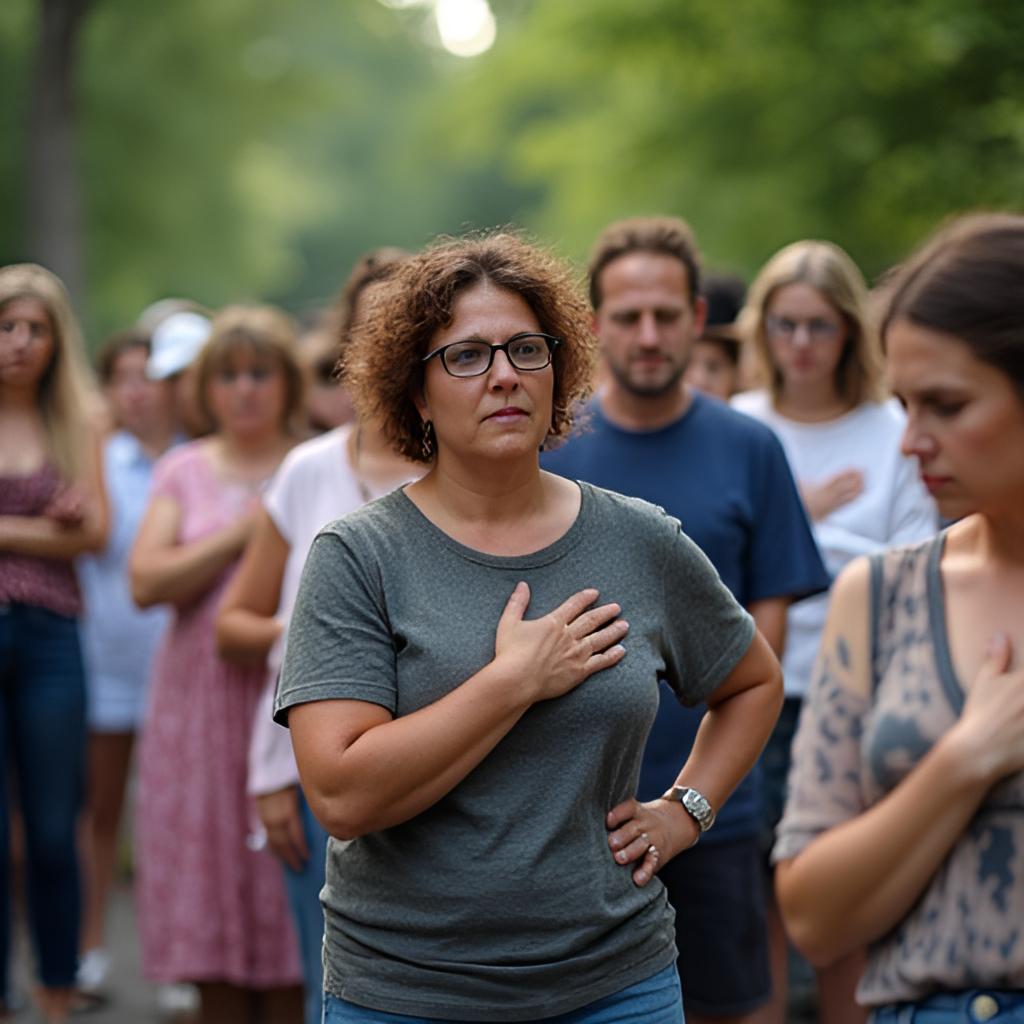 A diverse group of people pausing in silence outdoors during the National Moment of Remembrance at 3 PM, some with hands over their hearts. The scene could be a park, a street corner, or a backyard barbecue, conveying a sense of collective pause.