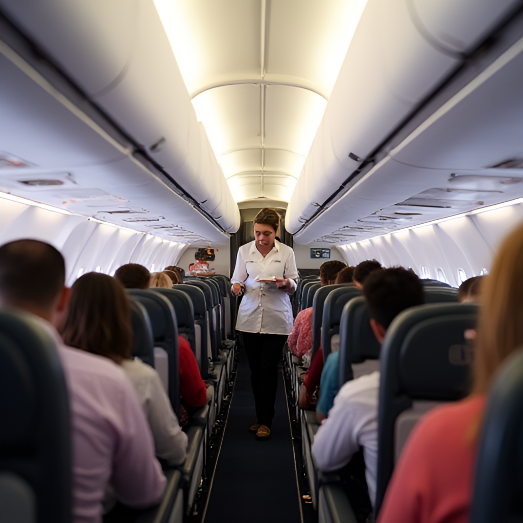 A low-angle, slightly candid shot inside an Air Arabia economy cabin, showing passengers comfortably seated, highlighting the generous legroom, with a flight attendant serving a meal in the aisle.