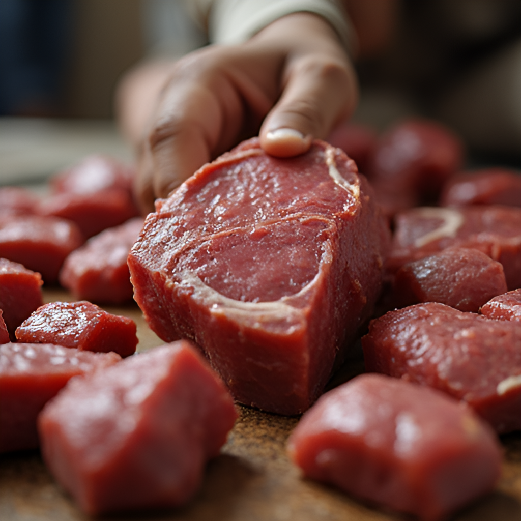 A close-up, respectful image showing a portion of sacrificial meat (Qurbani) being carefully divided, emphasizing the act of sharing with family, neighbors, and the poor, against a backdrop suggesting a community setting.