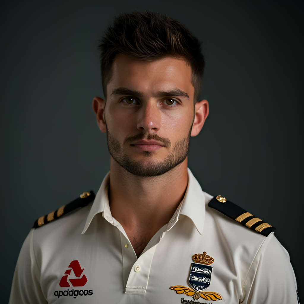 A portrait shot of Mitchell Marsh looking determined, potentially in his captain's uniform, showing leadership qualities, clear focus and professional lighting