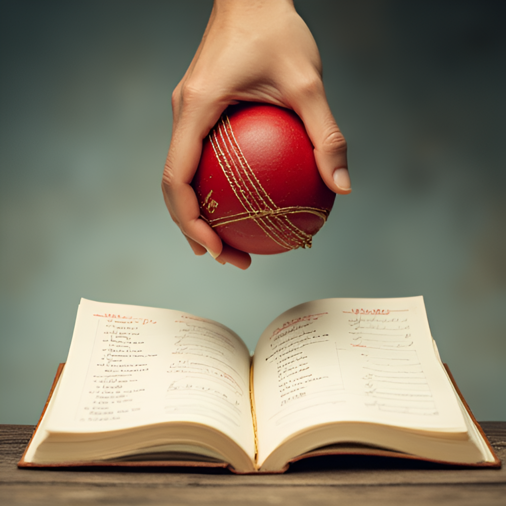 A conceptual image showing a hand holding a cricket ball, hovering over an open notebook with names being crossed out, symbolizing Digvesh Rathi's 'notebook' celebration and his focused approach to the game.