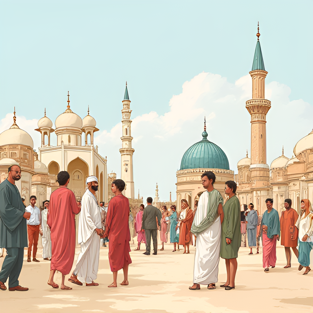An illustration depicting cultural exchange between the US and Oman, perhaps showing diverse people from both countries interacting, or iconic symbols from both cultures side by side, like traditional Omani architecture and a US landmark.