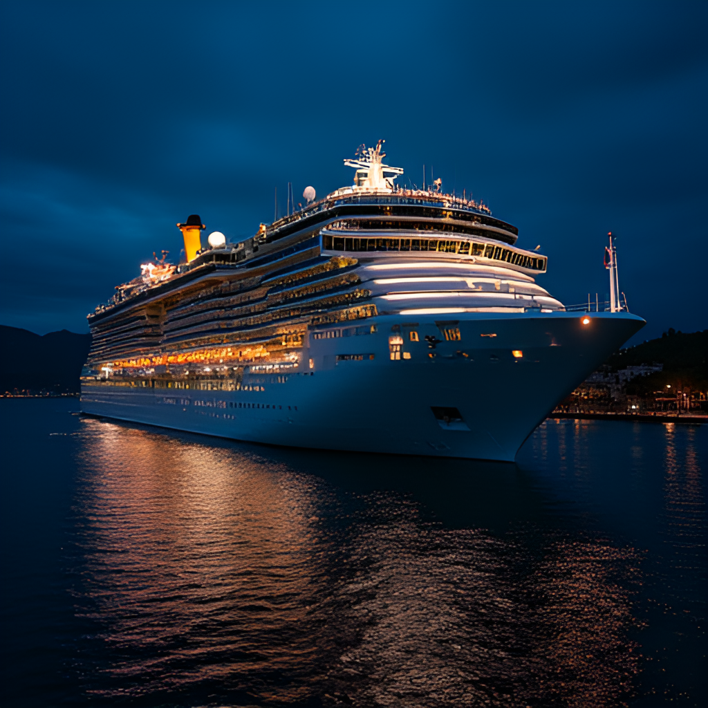An image showing a luxurious cruise ship at night, with bright lights illuminating the decks, hinting at the exotic and confined setting where the mystery and comedy of Housefull 5 unfold.
