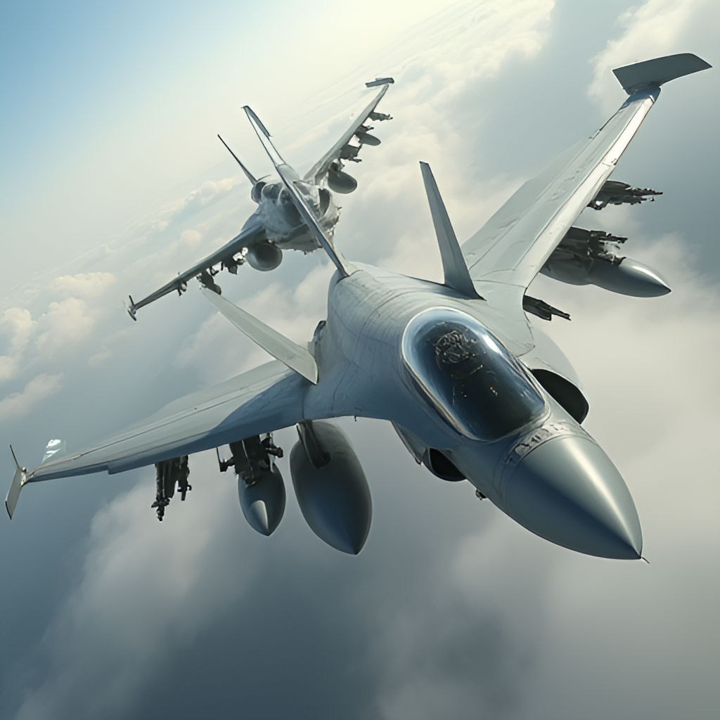 A dynamic, high-angle shot capturing a hypothetical aerial dogfight between an Indian Air Force Sukhoi Su-30MKI and a Pakistan Air Force F-16, emphasizing speed and maneuverability.