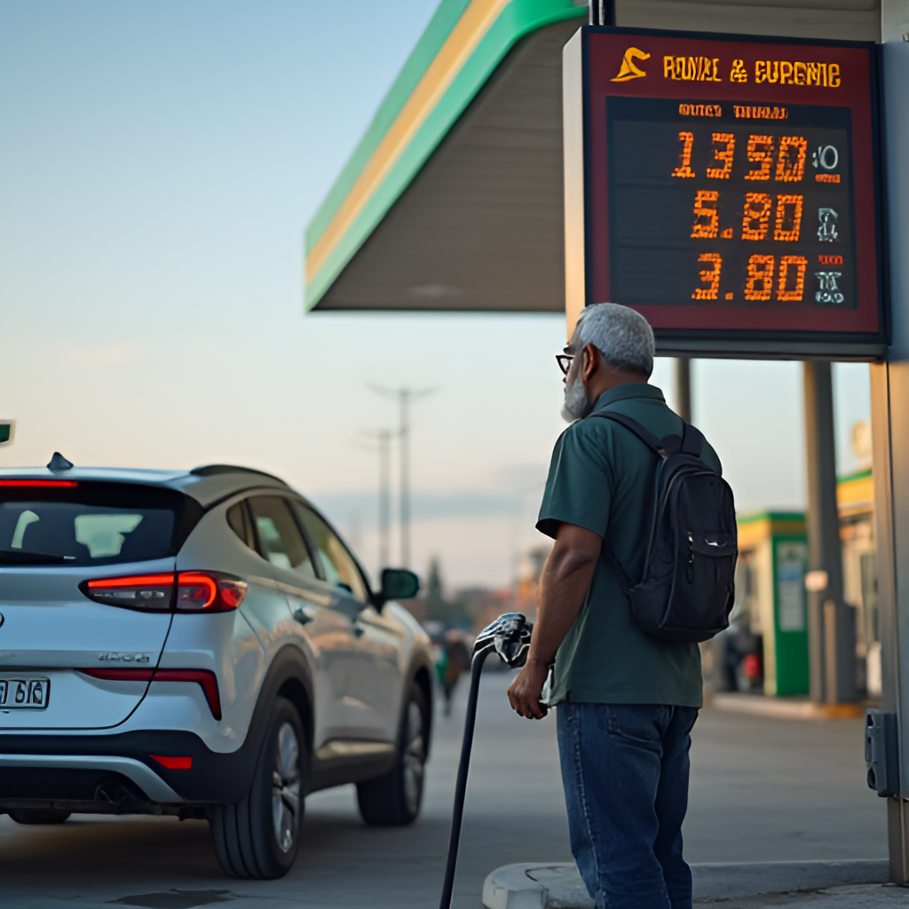 An image showing a person checking the fuel price display at a petrol station in the UAE, with a car filling up in the background.