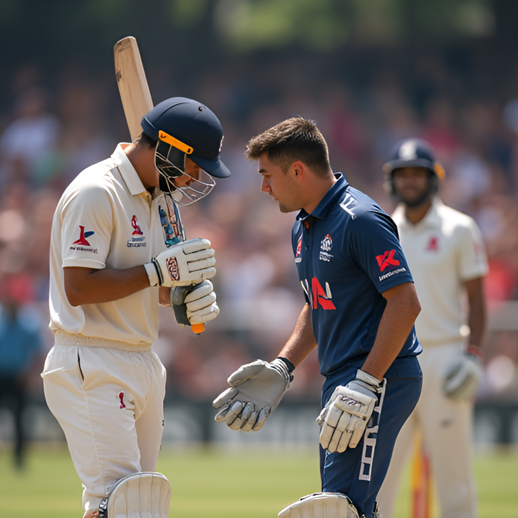 A close-up shot focusing on key players from both the Scottish and Nepali cricket teams, perhaps showing a batsman facing a bowler, with a diverse crowd in the background, emphasizing the human element and growing popularity of cricket in these nations.