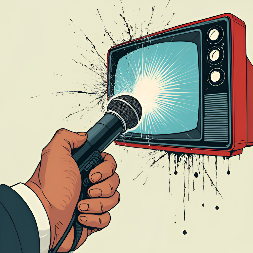 An illustration depicting a hand holding a microphone or camera lens breaking through traditional media barriers like a television screen, symbolizing Shuaib Rashid's shift to and impact on digital media.