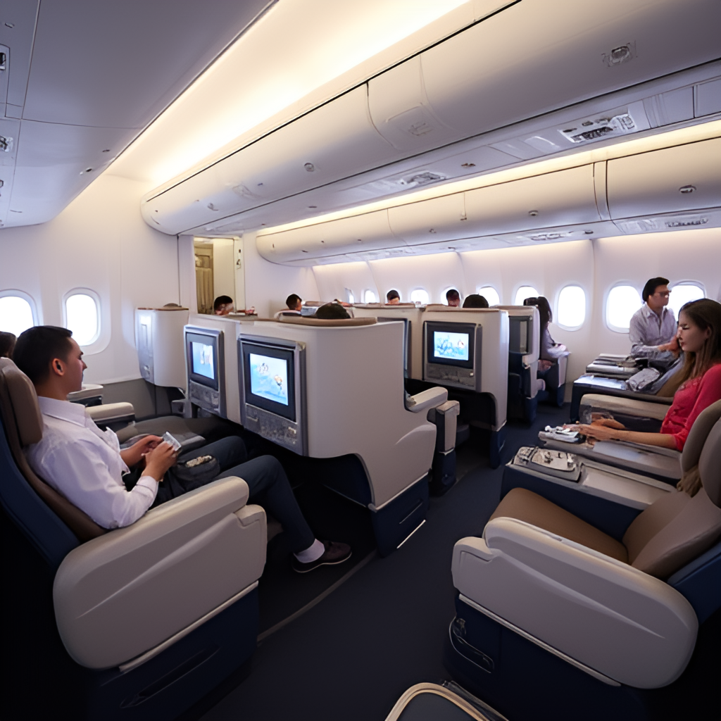 An interior shot of a Philippine Airlines cabin, showcasing comfortable seating in either Business or Premium Economy class, with an emphasis on the in-flight experience, perhaps showing a meal service or entertainment screen.