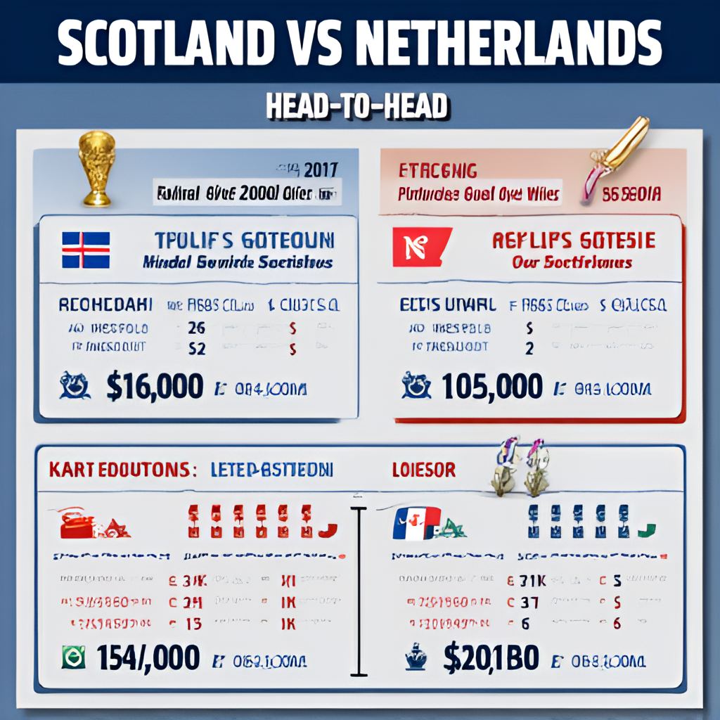A graphical representation or infographic showing the head-to-head statistics between Scotland and the Netherlands national football teams, highlighting wins, losses, and goals scored over the years.