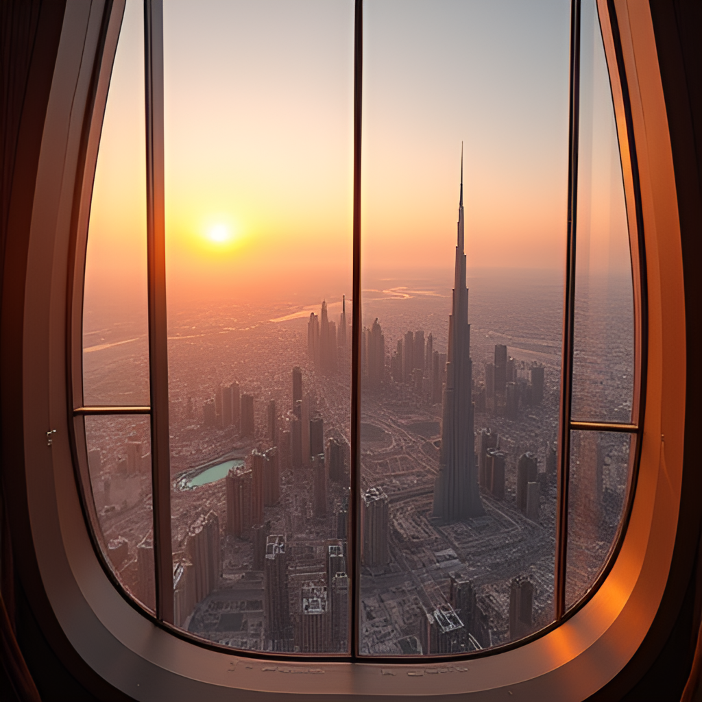 An interior view from one of the higher floors or observation decks of the Burj Khalifa, showing a luxurious living space or viewing area with floor-to-ceiling windows offering a breathtaking panoramic view of the sprawling city of Dubai below during sunset.