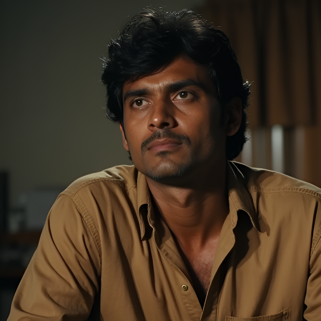 A cinematic still showing Shine Tom Chacko in character from one of his notable films, perhaps a dramatic or intense scene, highlighting his acting prowess