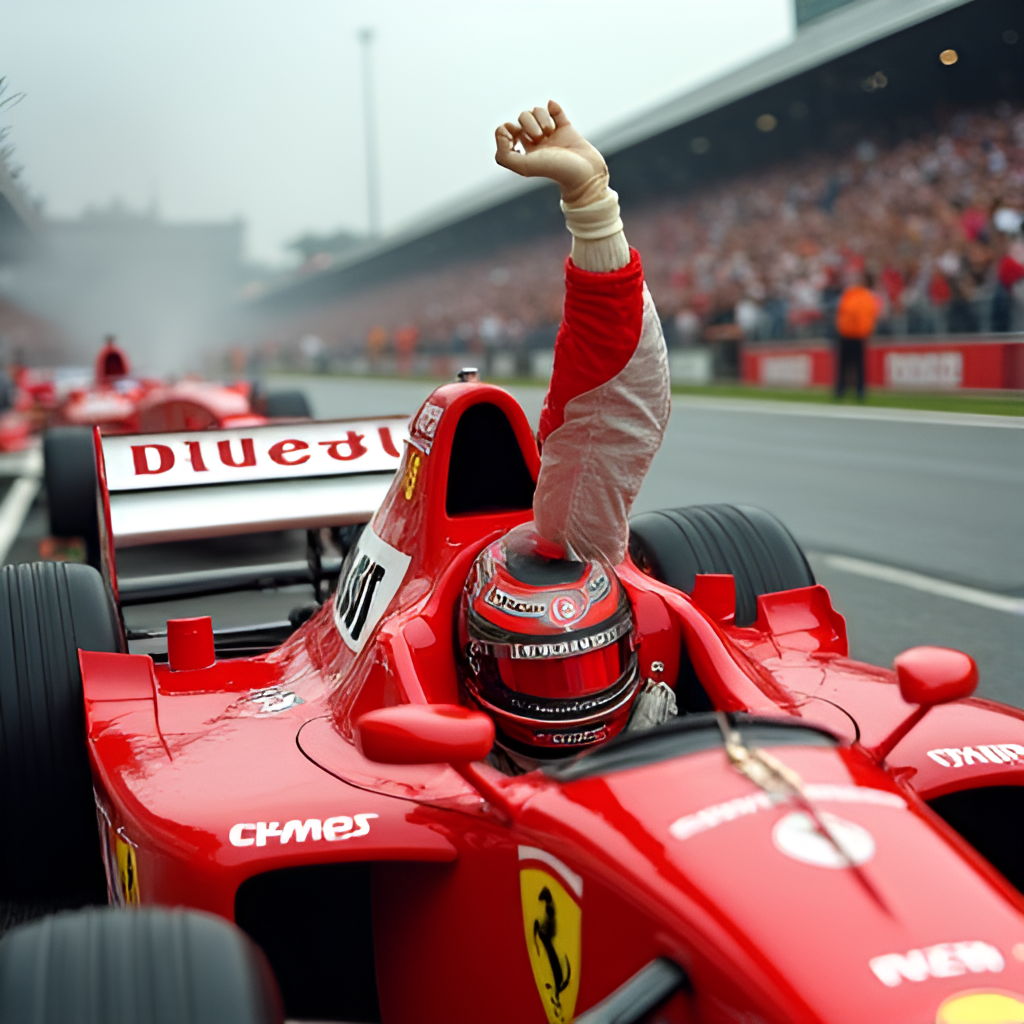 A powerful image capturing Michael Schumacher in his iconic red Ferrari F1 car, celebrating a victory, with blurred background suggesting speed and cheering crowds in the stands.
