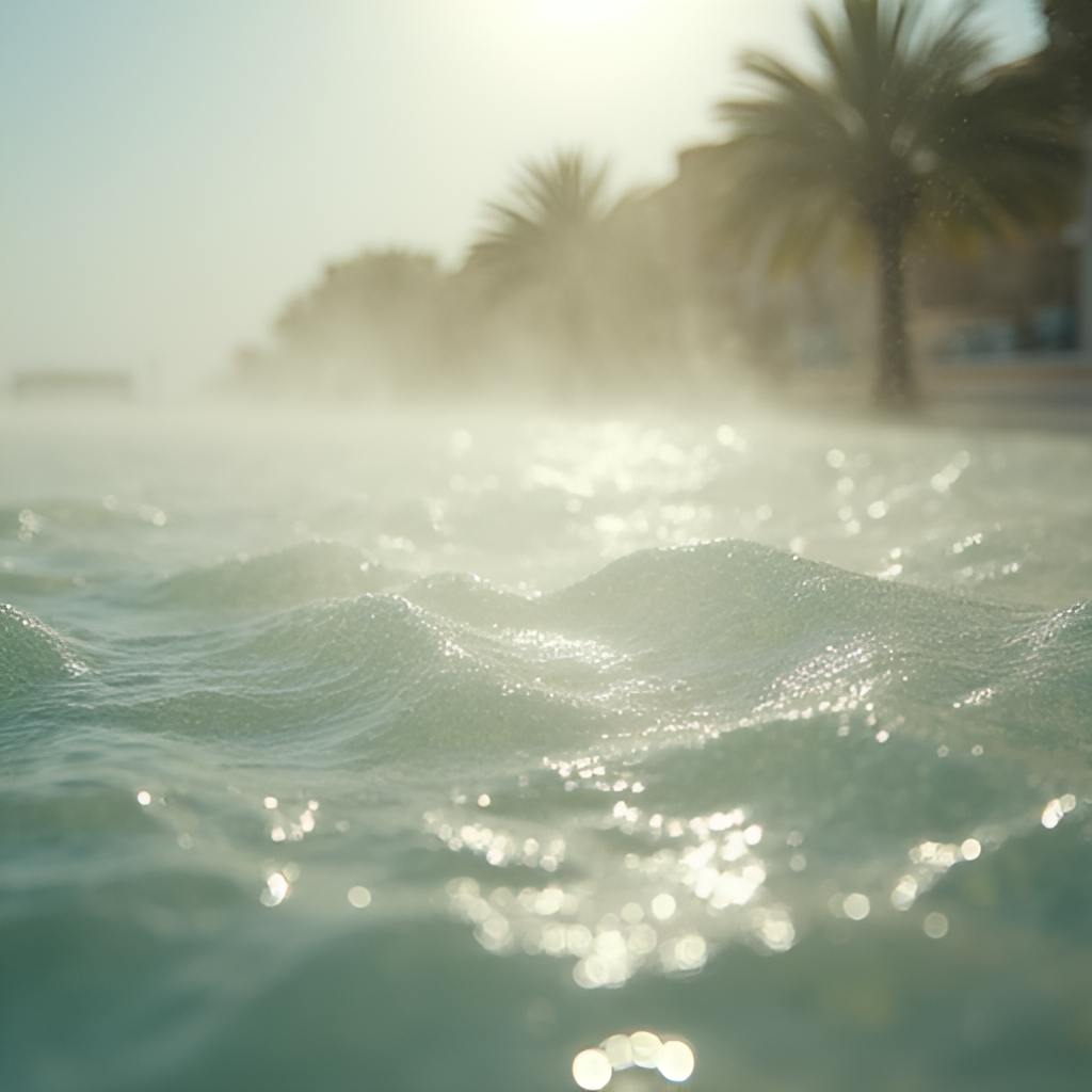 A close-up shot depicting high humidity in the air in Khorfakkan during summer, perhaps showing slight haze over the water or moisture on surfaces, conveying the tropical feel.