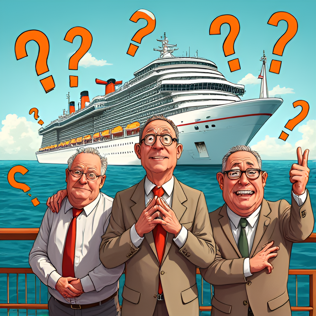 A humorous illustration depicting three men (representing the 'Jollys') in a state of confusion and panic on a cruise ship, surrounded by question marks and comedic props, with a subtle hint of a murder mystery in the background, cartoonish style