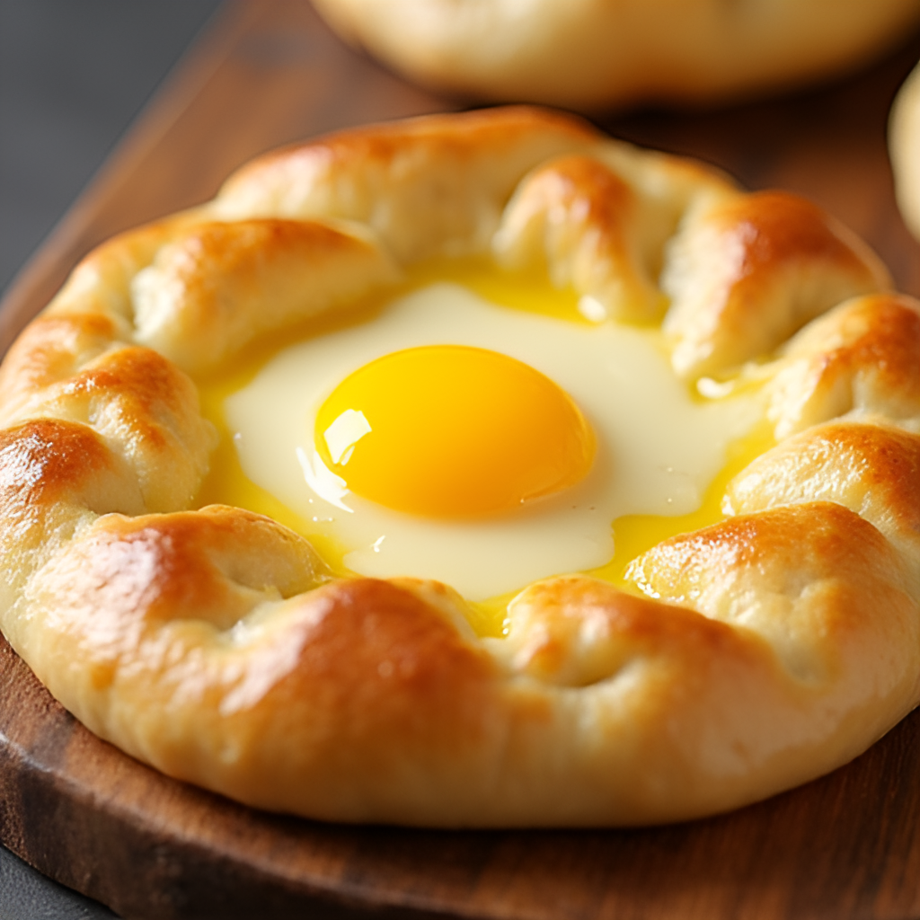 A close-up shot of a freshly made Khachapuri Adjaruli (Georgian cheese bread) served on a wooden board, with a pat of butter and a raw egg yolk in the center, ready to be mixed.