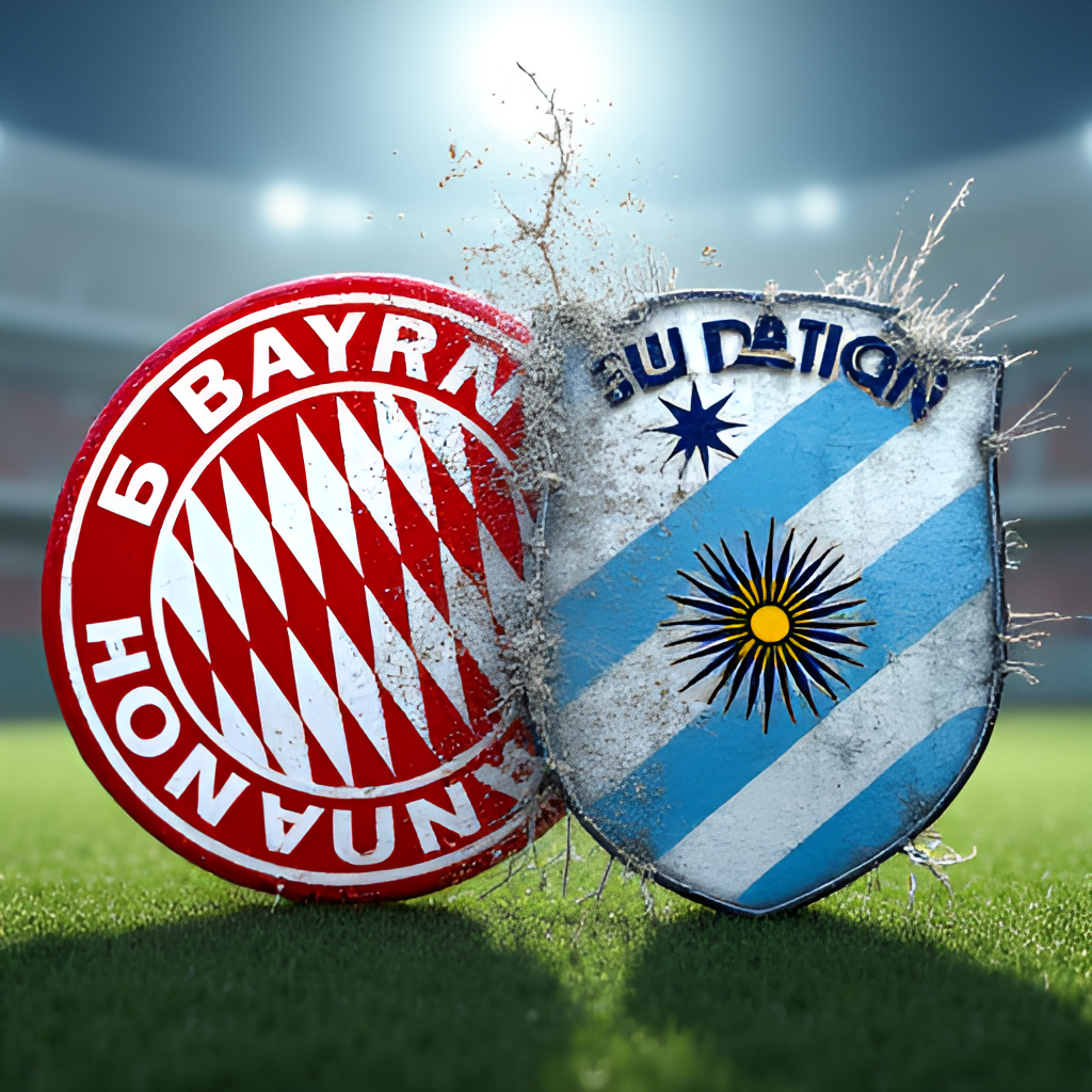 A conceptual image representing the clash between German (represented by Bayern Munich colors/symbols) and Argentinian (represented by Boca Juniors colors/symbols) football styles, perhaps two abstract forces or stylized crests colliding on a football field background.