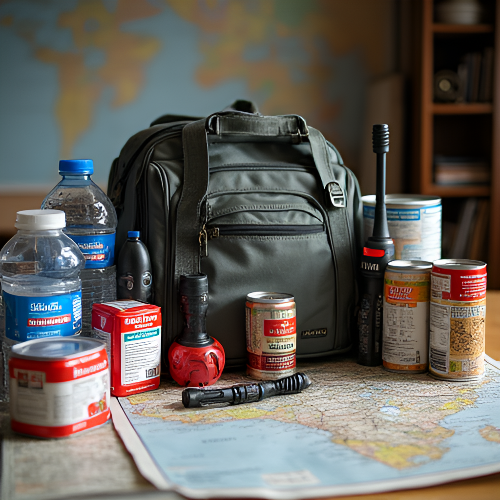 A close-up shot of an emergency kit or 'go bag' packed with essential supplies like water bottles, canned food, a first-aid kit, flashlight, and radio, placed on a table with a map in the background. Realistic photo style.