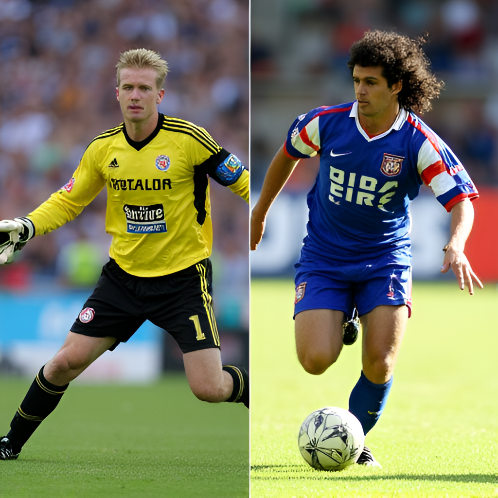 Split image showing key players from the 2001 match: Oliver Kahn for Bayern Munich making a save on one side, and Juan Roman Riquelme for Boca Juniors dribbling on the other, illustrating the clash of styles.