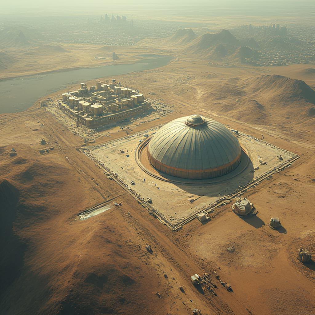 A high-angle, slightly abstract satellite-style illustration showing a conceptual representation of Iran's nuclear facilities (perhaps stylized domes or industrial buildings) under a watchful eye or targeted by a laser beam, contrasted with a backdrop representing Israeli security concerns (e.g., a silhouette of a city skyline or radar dishes).