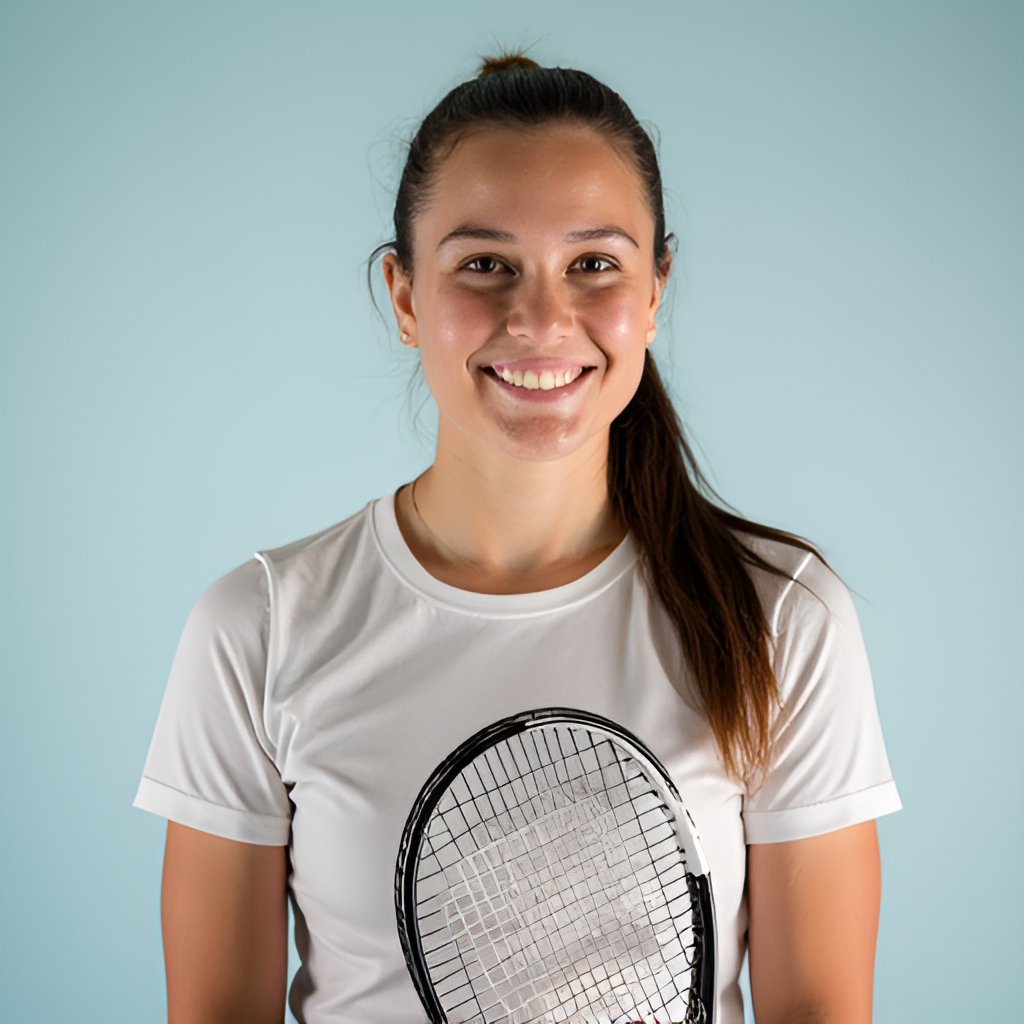 A portrait image of Alexandra Eala holding a tennis racket, smiling, possibly at a training facility or press event. Clean background, professional sports portrait style.
