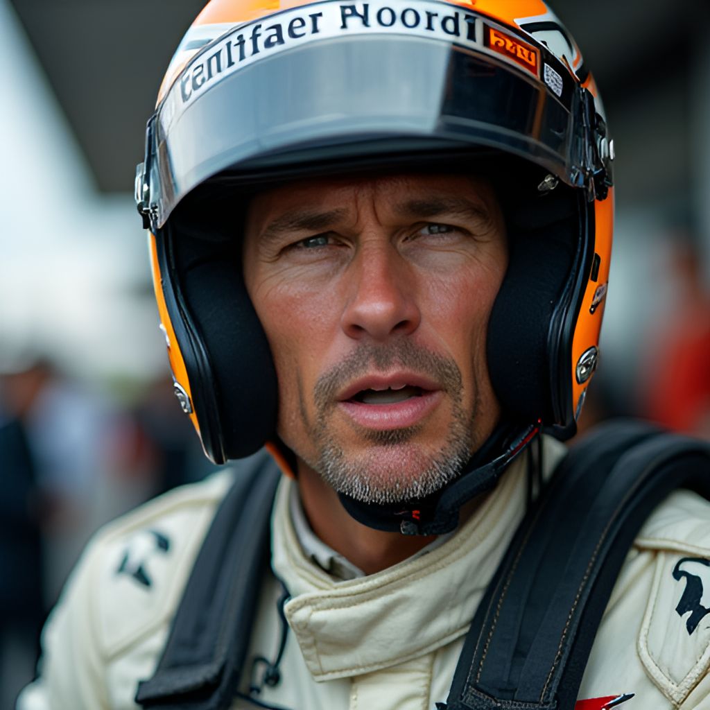 A close-up, dramatic portrait of an F1 driver (resembling Brad Pitt's character) wearing a helmet and race suit, showing determination and focus in their eyes, with the blurred background of a pit lane or racetrack.