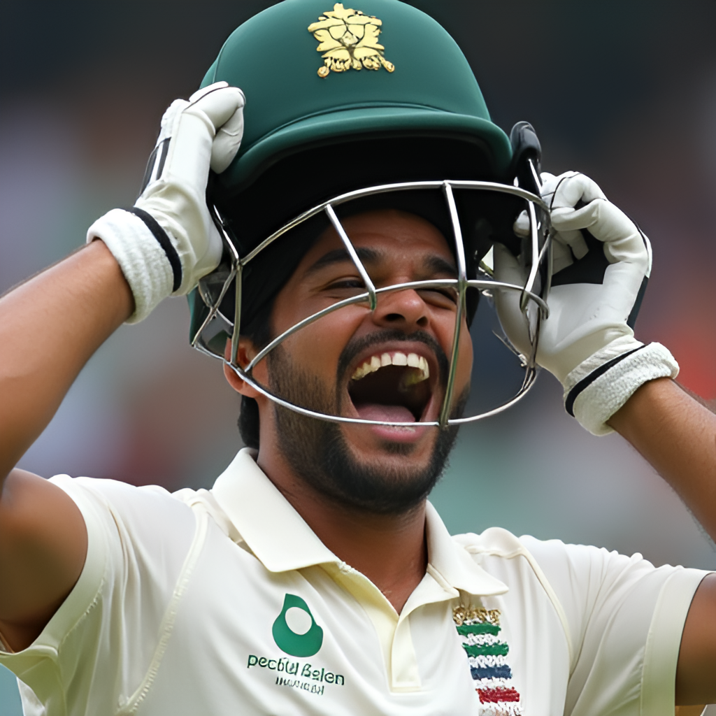 A portrait close-up photo of Anamul Haque Bijoy celebrating after scoring a century, showing his helmet raised and a joyful expression, focusing on his face and upper body.