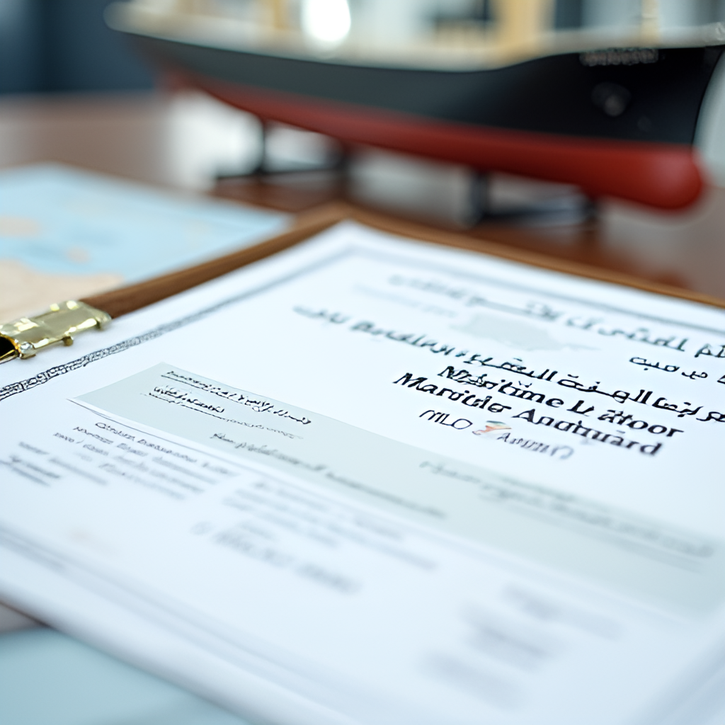 A close-up image of an official-looking certificate titled 'Maritime Labour Certificate' (MLC Certificate) with some blurred text in Arabic and English, placed on a table alongside a ship model or a map of the Arabian Gulf. The background should suggest a maritime or office environment related to shipping regulations.