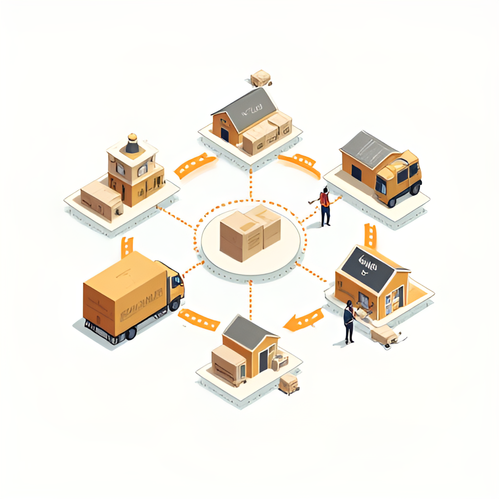 A graphic illustrating the logistics network of Amazon India, with packages moving through sorting centers, delivery vans, and perhaps showing a delivery agent handing a package to a customer in a residential area in India.