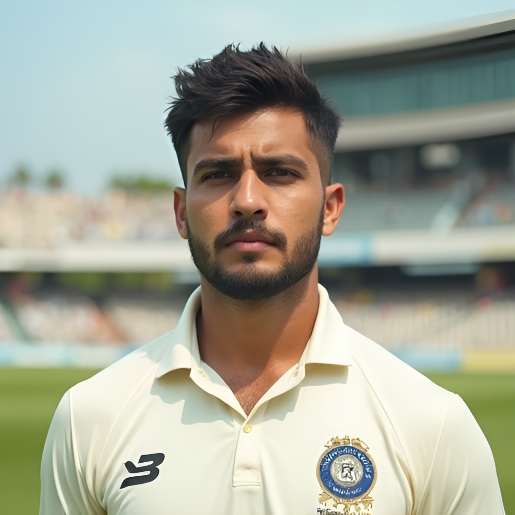 A portrait-style photorealistic image of Sahibzada Farhan looking determined, with a cricket field or stadium in the soft-focus background, capturing his strong and focused personality. He is in his cricket whites or team kit.